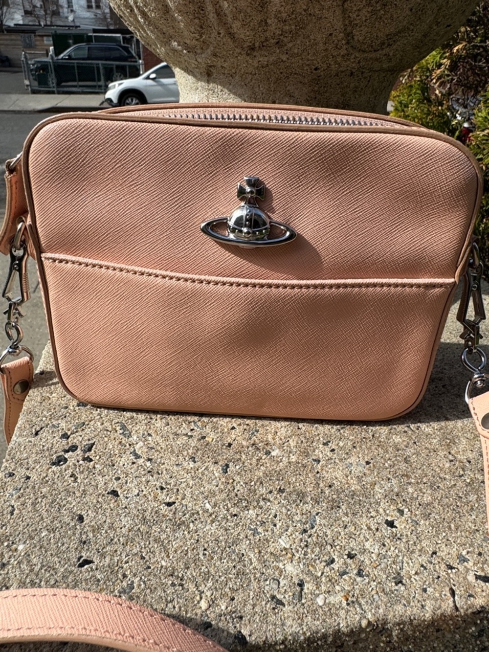 Vivienne Westwood Peachy /Pink Saffiano Leather Crossbody Bag with Silver Orb - Picture 10 of 10